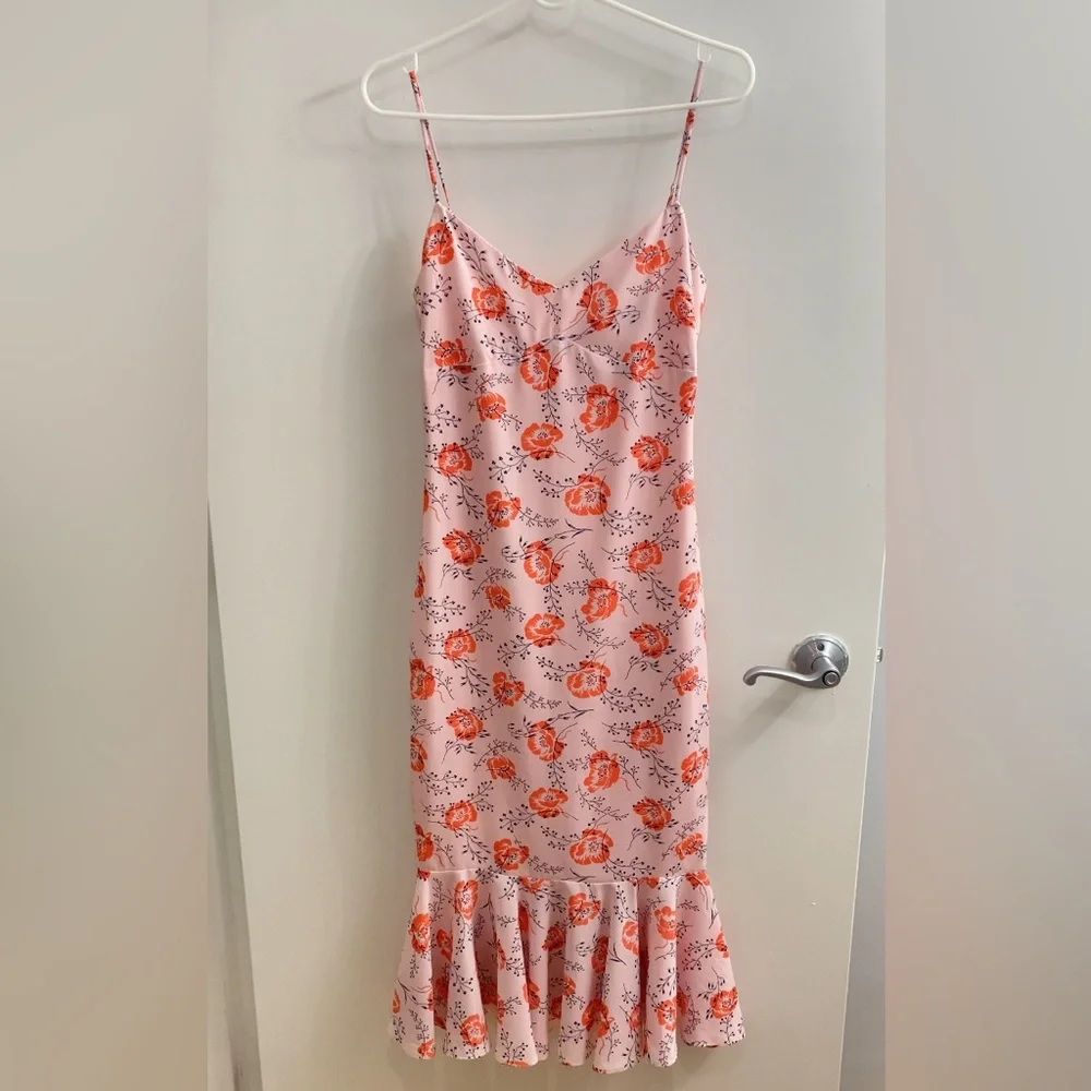 Likely Veosa Floral Midi Dress Rose Size 0 Pink Spaghetti Strap V-Neck - Picture 3 of 13